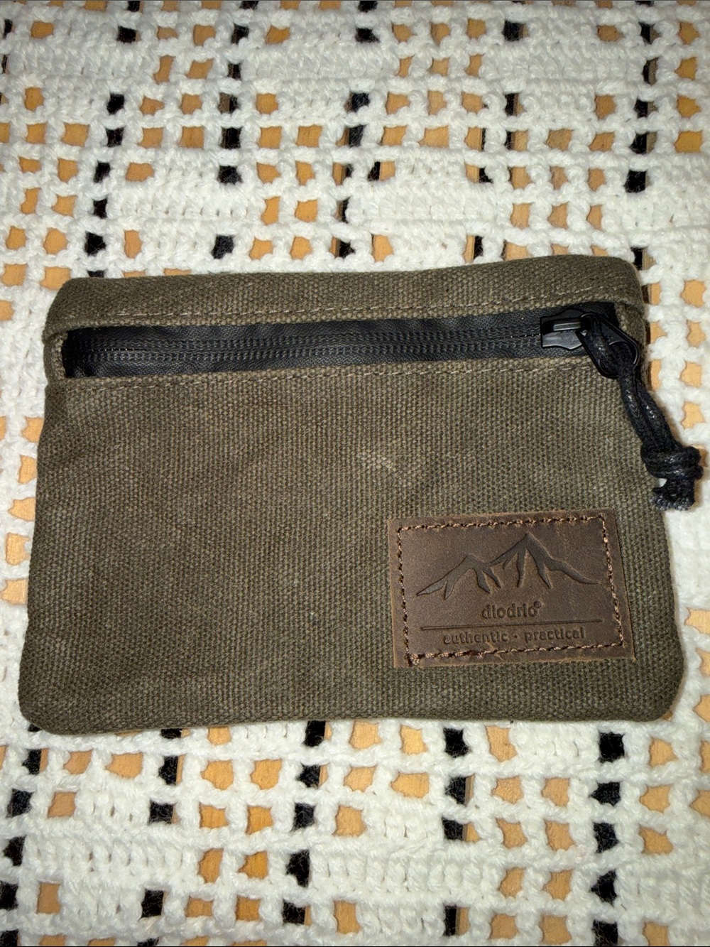 Dodo Olive Green Canvas Zip Pouch with Leather Patch